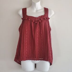 Sundance Top Large Burgundy Red Sugar Sand Eyelet Pompom Tank Boho Coastal Chic
